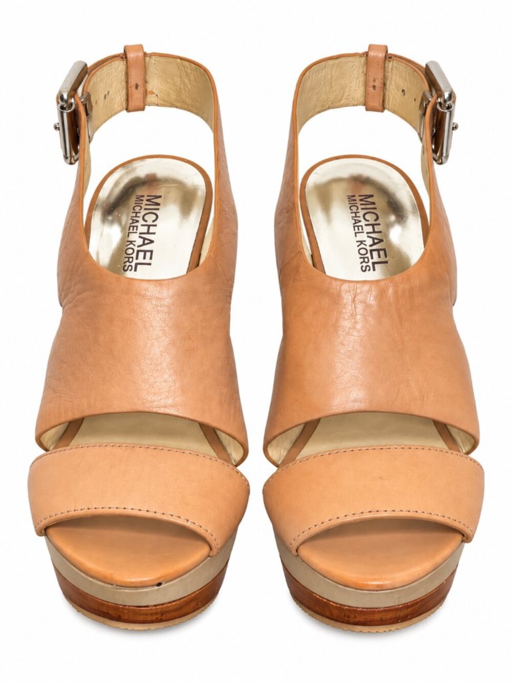 Michael Kors Carla Tan Leather Platform Heel Sandals Size 5.5 NWOB